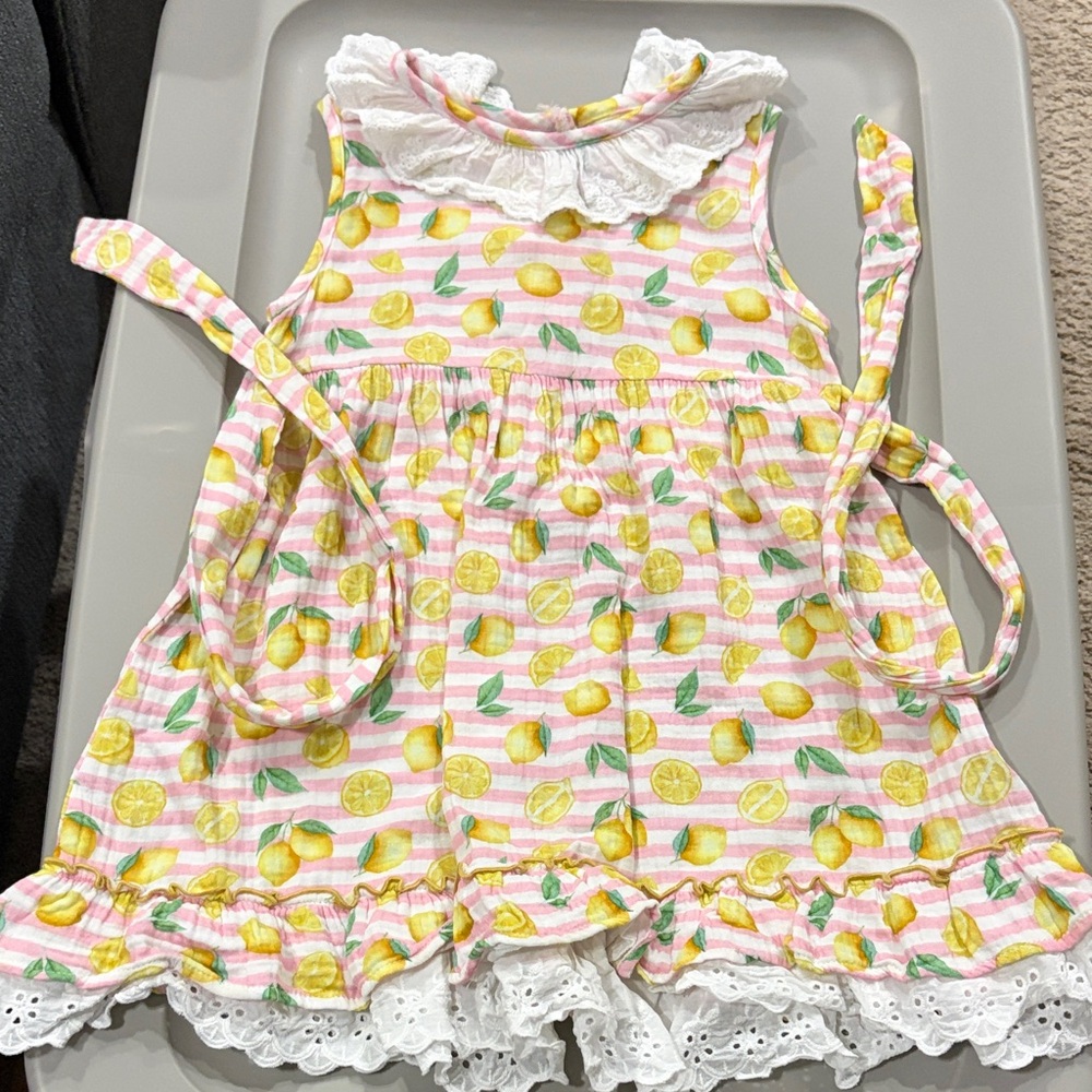 Abby and Evie Lemon Print Pink and White Kids Dress
